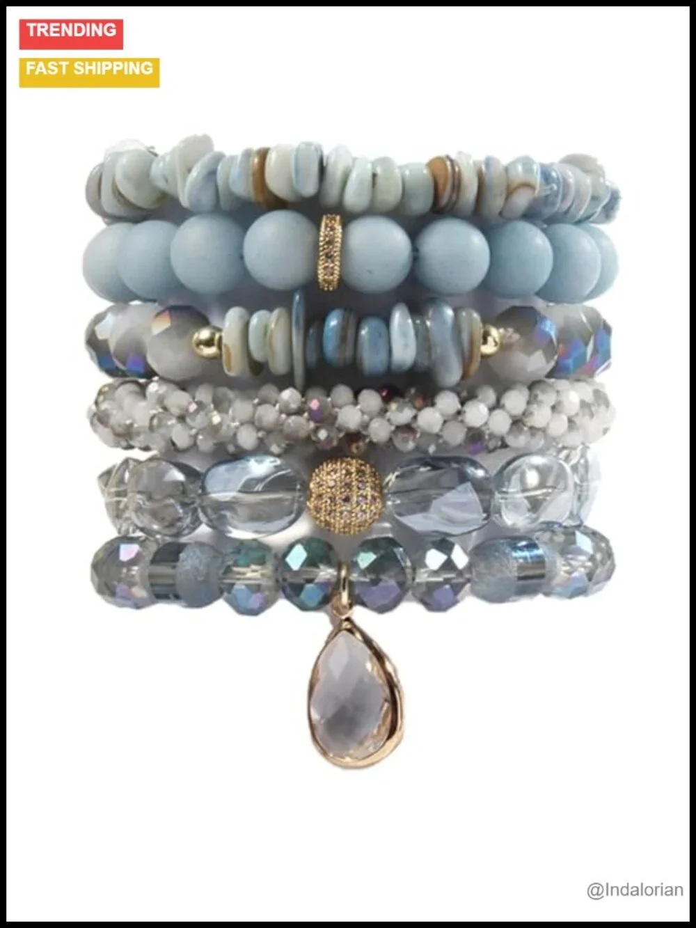 Natural Stone Beaded Stretch Bracelet Set Boho Stackable 6pc